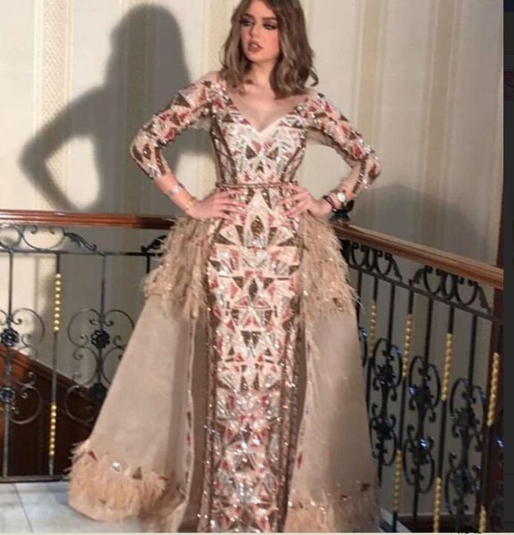 

вечернее платье с длинным рукавом бальное платье с v-образным вырезом перо с тропой длинное платье yousef aljasmi zuhair murad almodal youse, Red