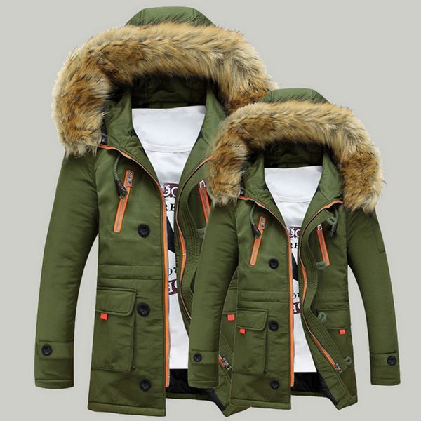 

2020 men brand winter faux fur collar long thick cotton parkas jacket coat men hooded pockets outwear waterproof parka, Black