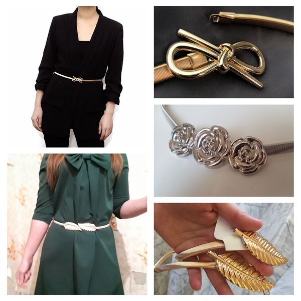 

women belts leaf shape belt metal leaves cummerbund clasp front stretch waistband gold silver elastic waist belt, Black;brown