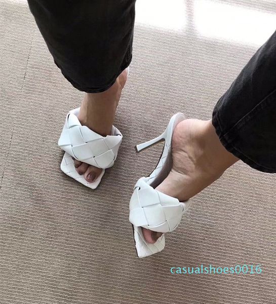 

new fashion luxury designer womens high-heeled with australia woven lambskin square head lady office club slippers in summer 16c, Black