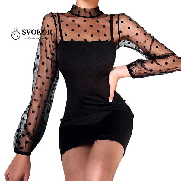 

svokor dot mesh stitching mini dress elegant black long sleeve dress women club clothes women summer 2020, Black;gray