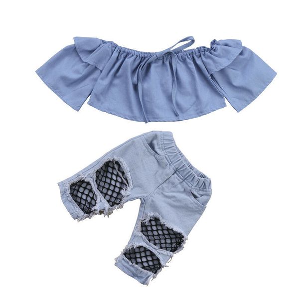 

Baby Girls Clothes Toddler Kid Baby Girls Off Shoulder Tops Denim Pants Hole Jeans Outfits