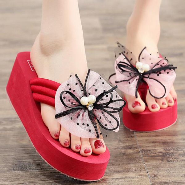 

new summer women sandals female slope with thick crust pearl bow-knot sandals casual home slippers flip flops shoes woman s155, Black