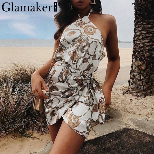 

Backless Mini Bodycon Dress Women Summer Bandage Chain Sexy Party Dress Female Elegant White Boho Holiday Print Dress
