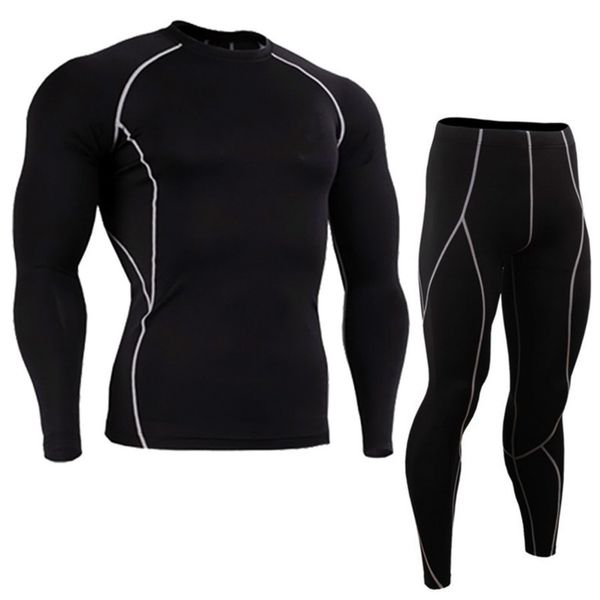 

2 pieces men fitness sports running breathable tight suit elastic quick-drying moisture wicking long-sleeved trousers base suit, White;black