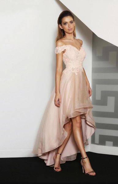 Blush rosa 2019 fora do ombro Prom Dresses querido Lace Applique Alta Parte Baixa árabe vestido Kaftan Dubai Organza vestidos de noite formal
