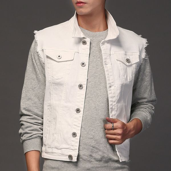 

men's slim fit ripped stretch denim vest, Black;brown