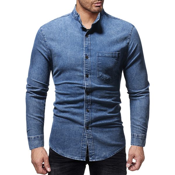

fashion male shirt long sleeve new stand collar washed jeans mens dress shirts slim men shirt, White;black