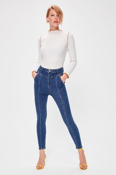 

trendyol blue stitch detail high waist skinny jeans twoaw20je0157
