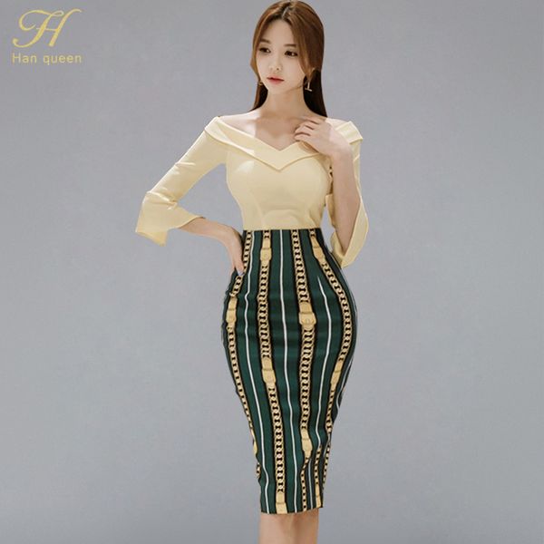 

h han queen women's 2 pieces suits solid color off shoulder slash neck + print sheath bodycon pencil skirt office set autumn, White