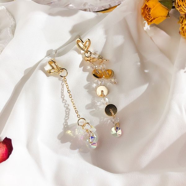 

s925 silver needle earrings magic crystal metal sheet tassel asymmetrical earrings heart-shaped love long earrings