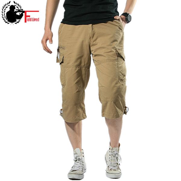 

summer men's baggy multi pocket zipper cargo short breeches male long army green khaki men tactical short plus size, White;black