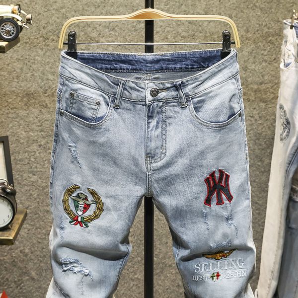 

mens designer ny embroidered slim and versatile rotten hole jeans thin style, Blue