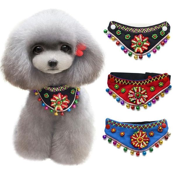 

chinese minority style pet neck bandana pet fashion grooming accessories dog colorful flower triangle scarf with bells