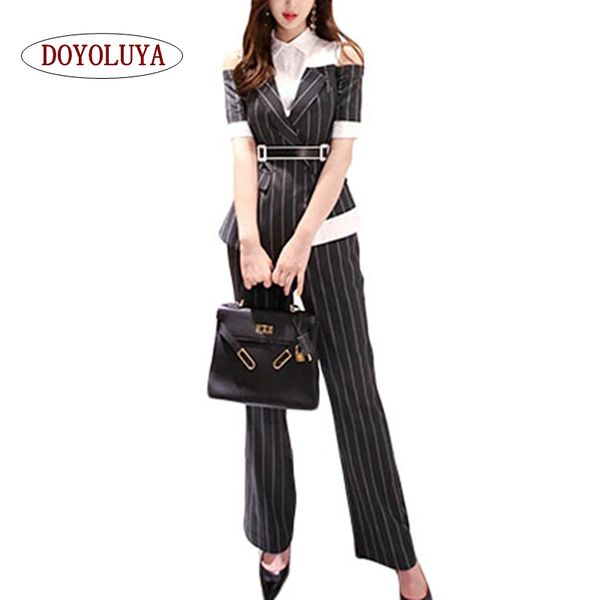 

doyoluya] striped 2-piece set short sleeve notched neck hollow out belted & flare long pants office wear work, White