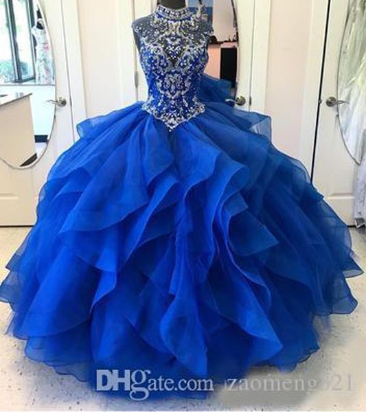 

high neck crystal beaded bodice corset organza layered quinceanera dresses ball gowns 2020 princess prom dresses, Blue;red