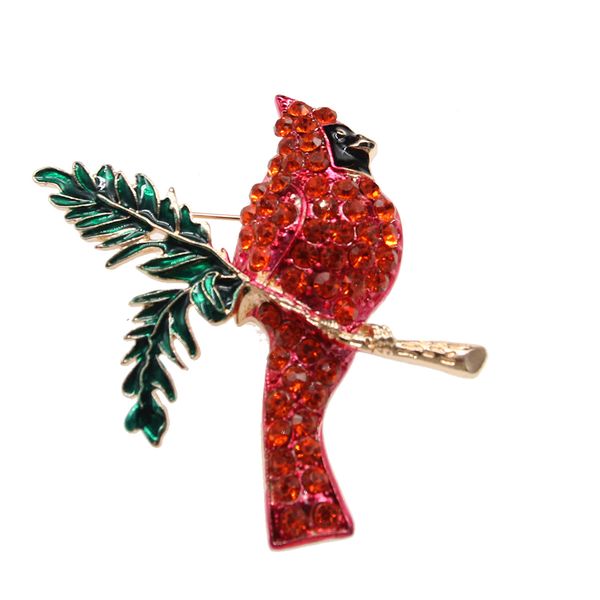 Vintage Altın Tonu Zarif Kırmızı Noel Rhinestone Kristal Kuş Broşlar Emaye Hayvan Broş Pimi