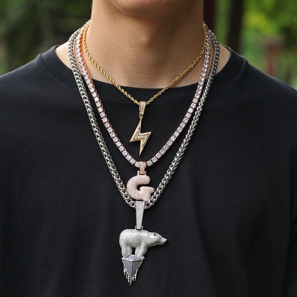 

mens necklace sliver gold lightning chain zircon iced out pendants hip hop jewelry rap style pendant creative sale, Silver
