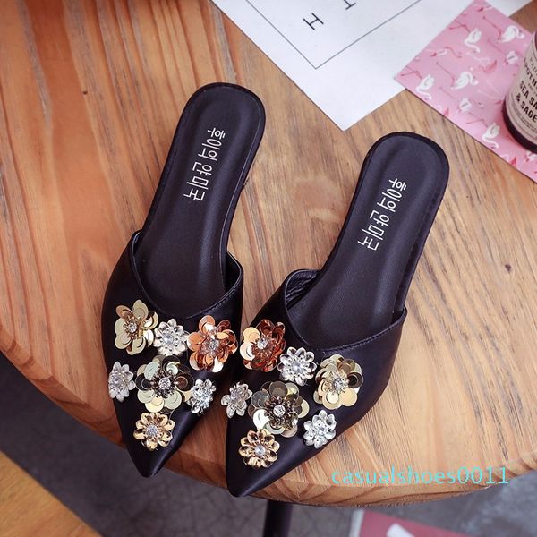 

big size 35-41 luxury flower crystal bling flats mules lady slippers satin slip on pointed toe women outdoor shoes woman slides c11, Black