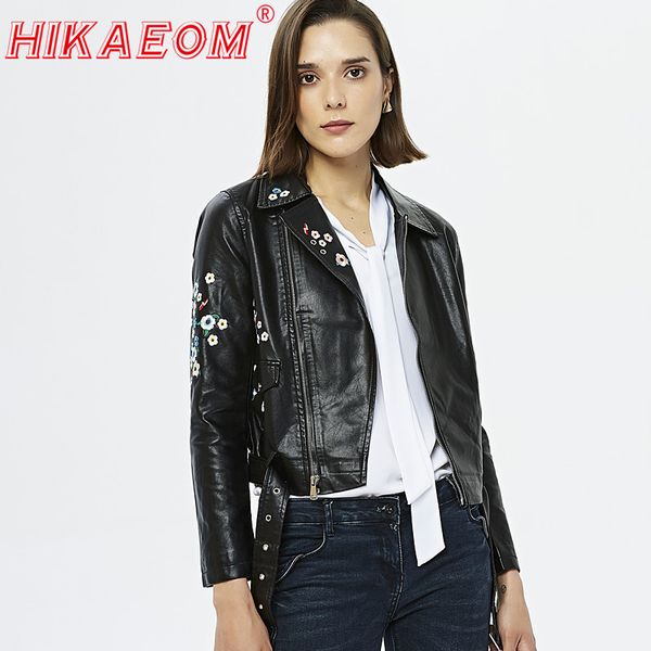 

vintage women floral print embroidery faux soft leather jacket coat turn-down collar casual pu motorcycle black punk outerwears