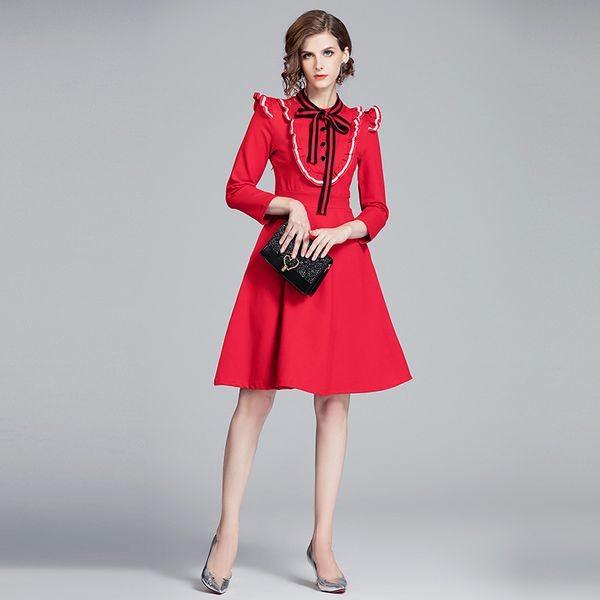 

2020 new style small fragrance ruffle lace up dress women's dress long sleeve mid calf apparel womens summer autumn casual clothing, Black;pink