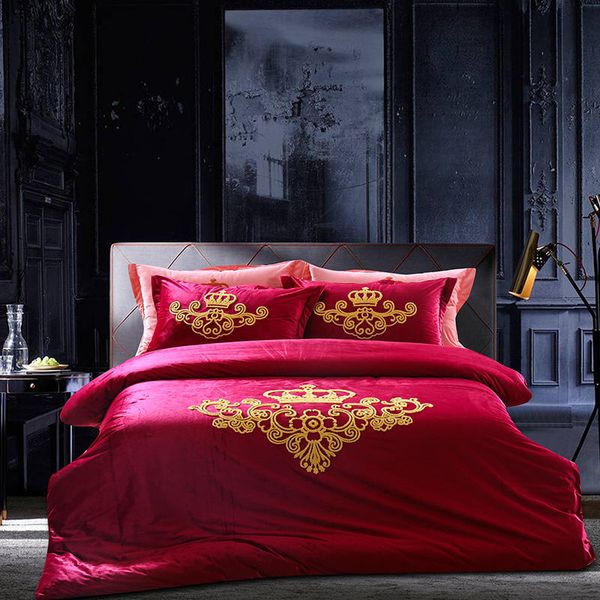 Fleece Winter Red Grey Bedding Set Luxury Bedspread Queen King
