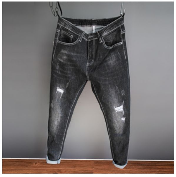 

black false hole in the new elastic jeans male city feng han edition cultivate one's morality and feet black pants, Blue