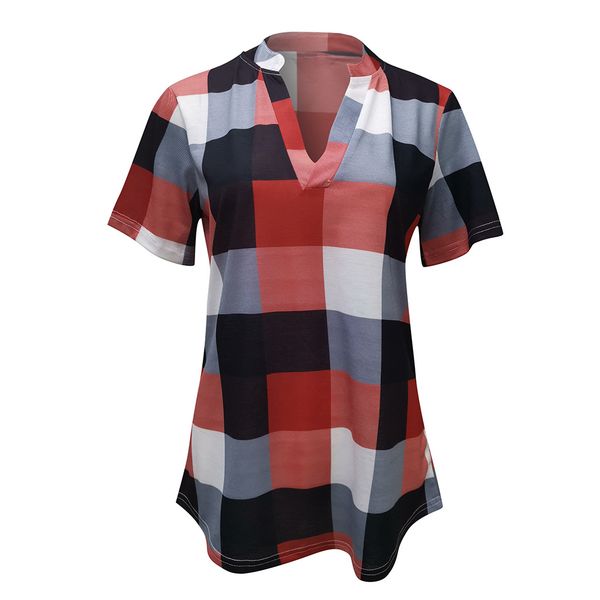 

Summer Autumn Short Sleeve T Shirts for Women Plaid Printing V Neck Loose T Shirt Top Plus Size