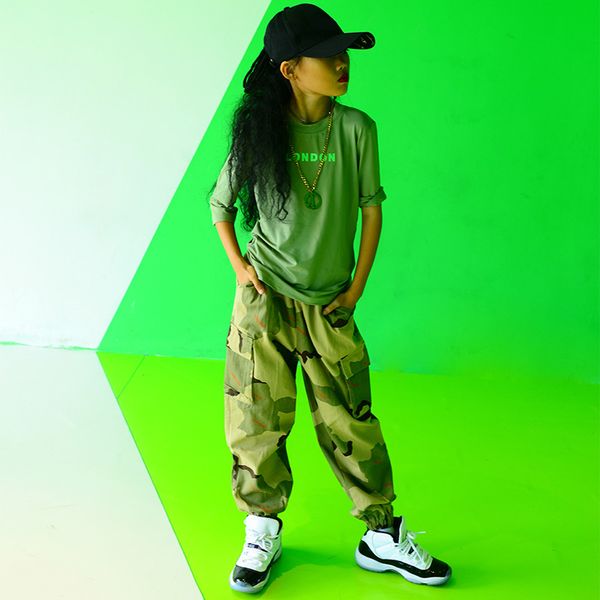 

jazz dance costumes for kids loose and camouflage pants street dance wear hip hop clothing stage costumes girls dqs2380, Black;red