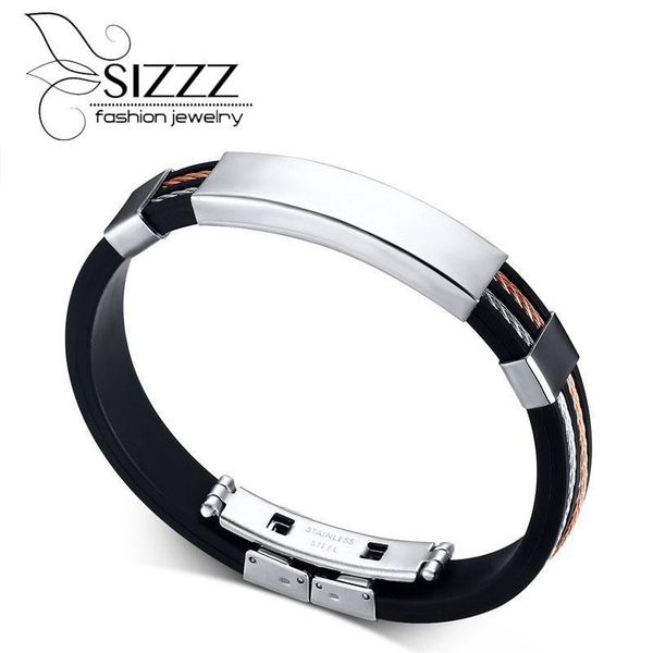 

sizzz steel and rose gold double color titanium steel silicone bracelet&bangles for men, Black