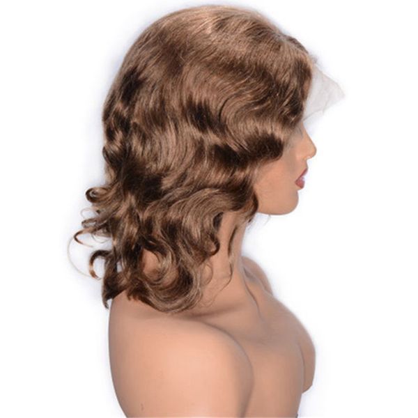 

130% плотность кружева фронт человеческих волос парики 8# короткие объемная волна кружева парики бразильские человеческие волосы для женщин, Black;brown