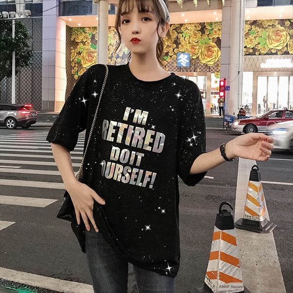 

2019 summer clothes black t-shirt female short-sleeved women ins fashionable sequin clothing jacket european goods large edition loose sequi, White