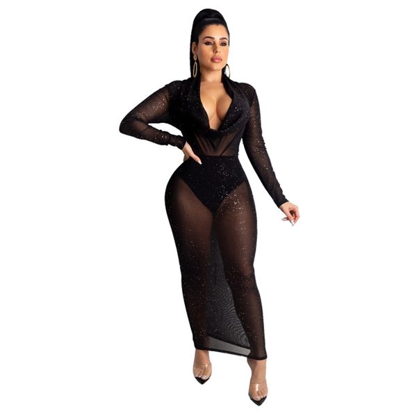 

party bodycon dress women long sleeve sheer mesh glitter dresses for women evening midi elegant club bandage dress, Black;gray