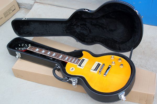 

factory custom yellow electric guitar with black hardcase,flame maple veneer,chrome hardware,can be customized