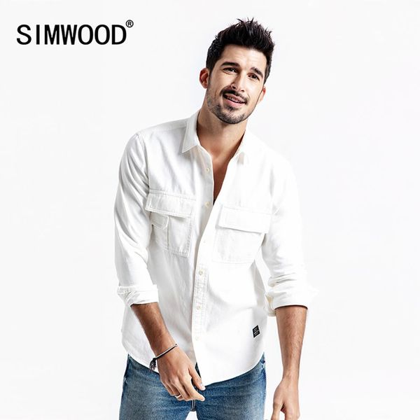 

simwood new 2019 men shirt autumn casual shirts men thick brand clothes camisa masculina 100% cotton male 190094, White;black