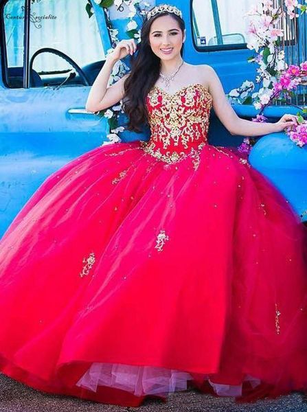 

2019 Red Quinceanera Dresses Ball Gowns Lace Appliques Crystal Sweetheart Lace Up Birthday Party Dress Sweet 16 Dress Plus Size