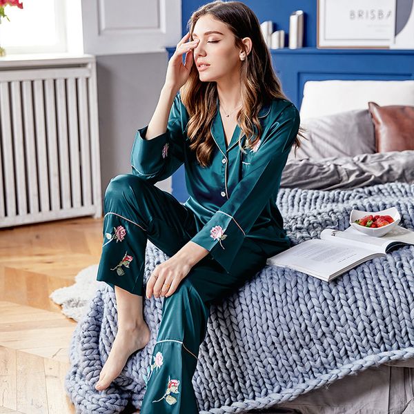 

xifenni silk pajama sets female spring summer new faux silk sleepwear woman rose flower long-sleeve nightwear 2-pieces x9102, Black;red