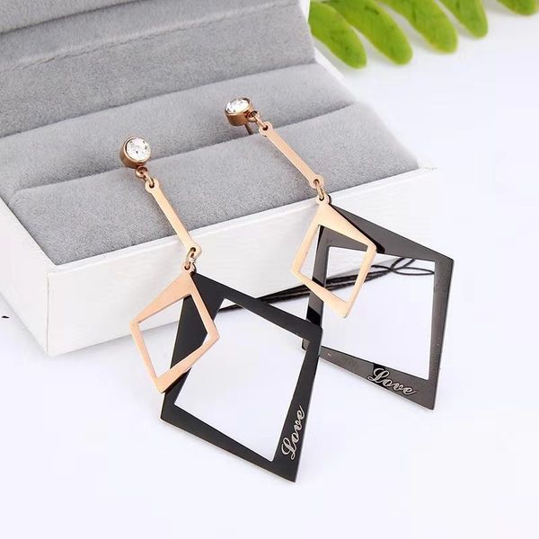 

rose gold black titanium steel korea senior geometric rhombus huggie stud earrings crystals cz 100% brand new, never be worn, Silver
