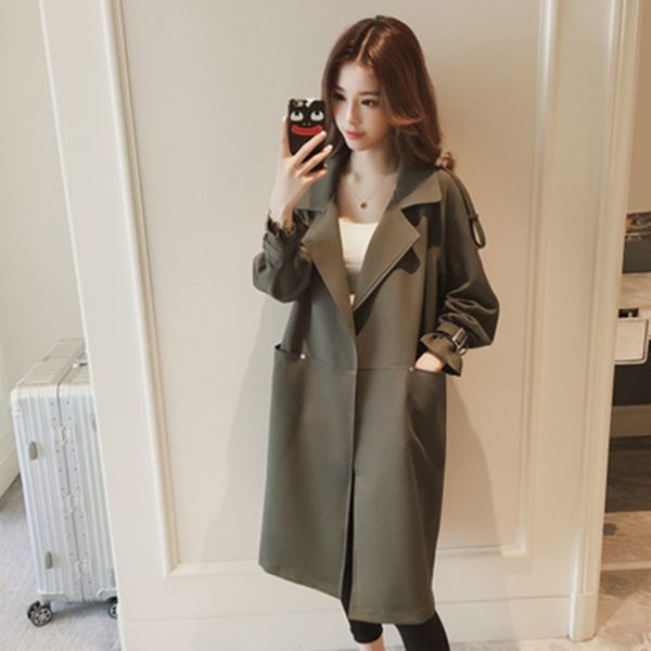 

tay's autumn 2019 new fat mm korean version of long suit collar trench coat women's long sleeve loose coat, Tan;black