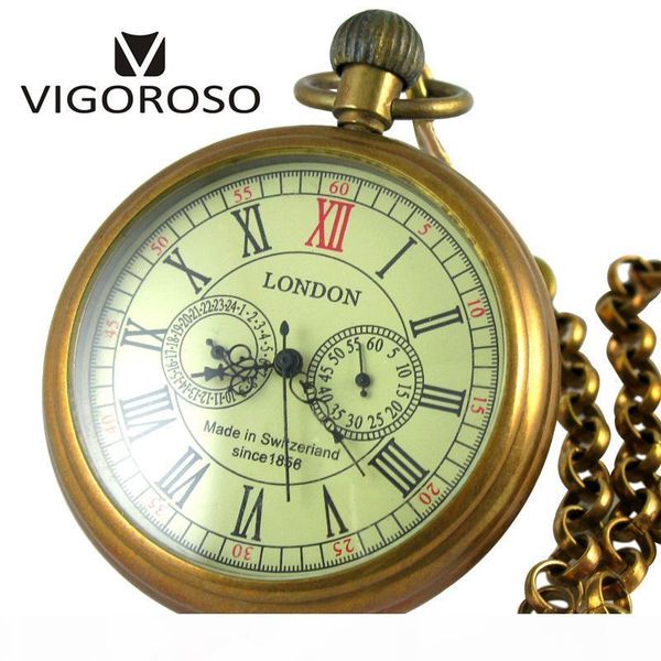

vigoroso collectible antique old copper mechanical pocket watch fob chain hand winding roman numerals 12 24 hours vintage clock t200502, Slivery;golden