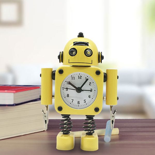 

new-non-ticking robot alarm clock stainless metal - wake-up clock with flashing eye lights and hand clip yellow