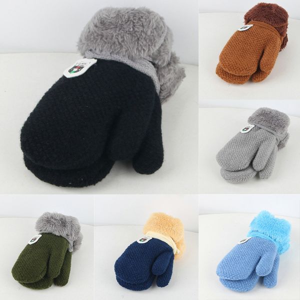 

winter kids gloves boys girls plus velvet knitted gloves fingerless plush warm mittens solid children #4, Blue;gray