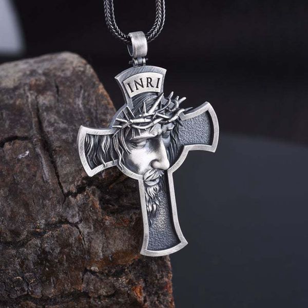 

2pcs crown of thorns jesus cross pendant leather rope necklace europe and america retro men christ fashion necklaces 2 color, Silver