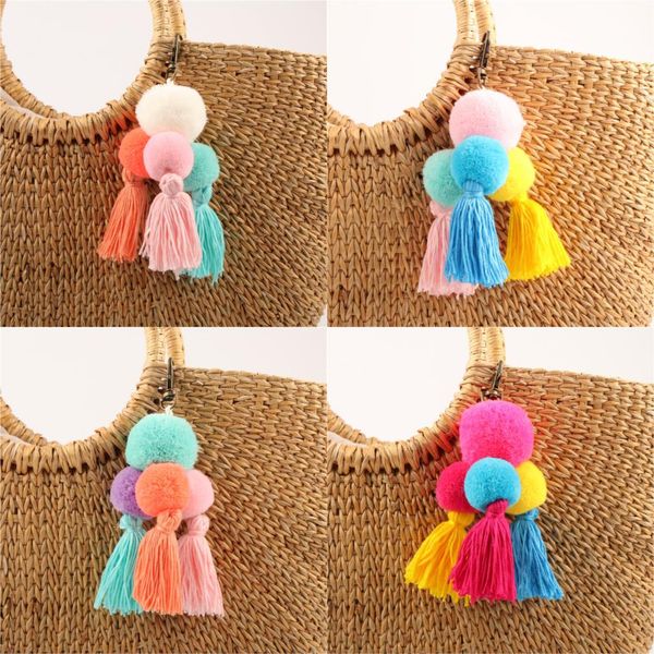 

1pc colorful boho style big ball with pompom bag hanging with tassel keychains for women jewelry, Silver