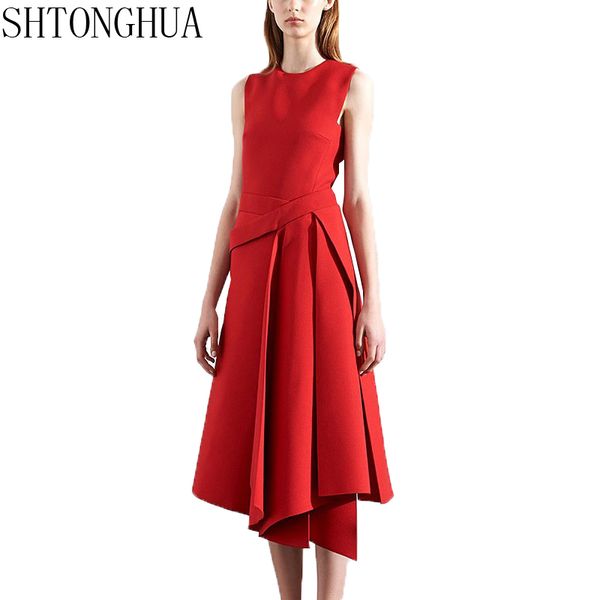 

shtonghua 2019 spring runway designer dress women's elegant sleeveless black /red irregular bottom dress, Black;gray