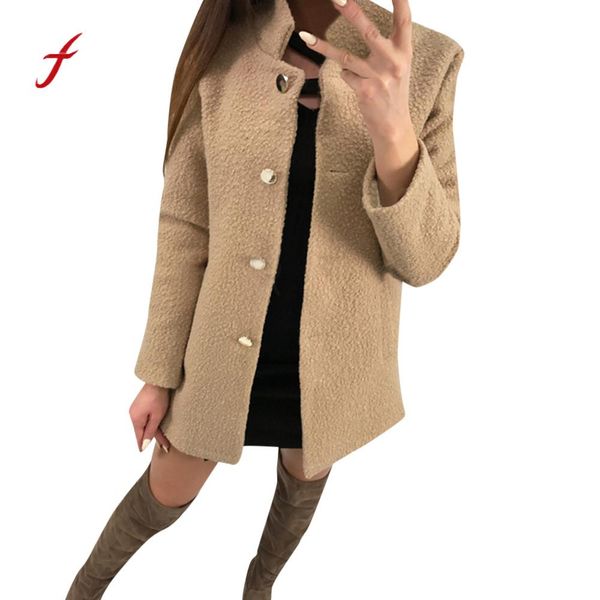 

2019 winter coat women solid single breasted notched fluffy pocket jackets outwear coat plus size winter wool abrigo mujer, Black