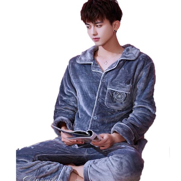 

men's pajamas winter men pyjama set cardigans long sleeve sleepwear for men nightwear thick warm coral fleece pijama suit sets, Black;brown