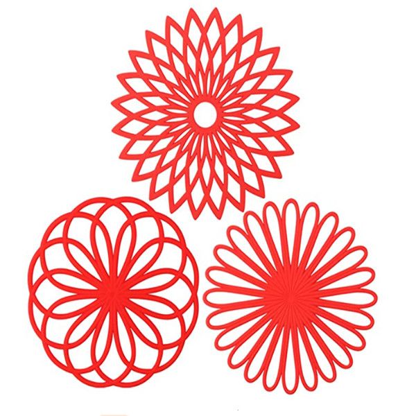 

3 set silicone multi-use flower trivet mat - premium quality insulated flexible durable non slip coasters pads red