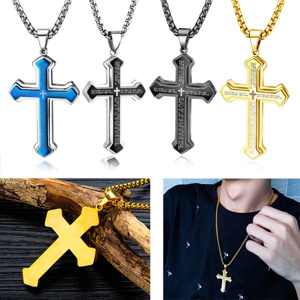 

vintage scripture double-layer cross pendant necklace stainless steel religion jewelry men charm statement necklaces engagement wedding gift, Silver