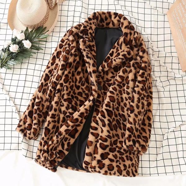 

warm wool fur long coat women leopard print button long sleeve notched loose oversized ladies jackets casual winter 2019 autumn, Black